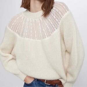 Women’s Cream Knit Chunky Ribbed Pullover Sweater With Contrasting Lace Detail!